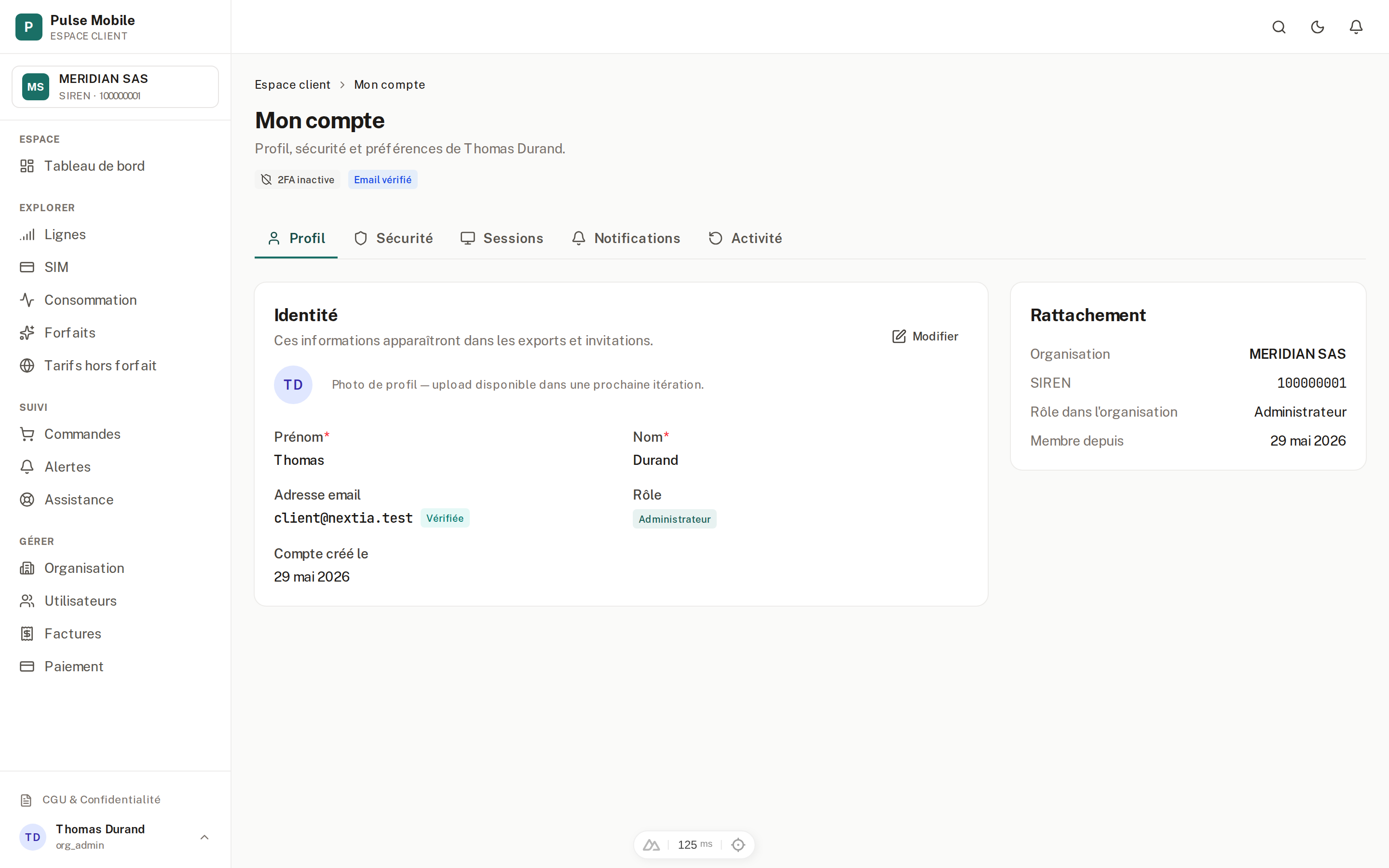 Mon compte — onglets Profil, Sécurité, Sessions, Notifications, Activité