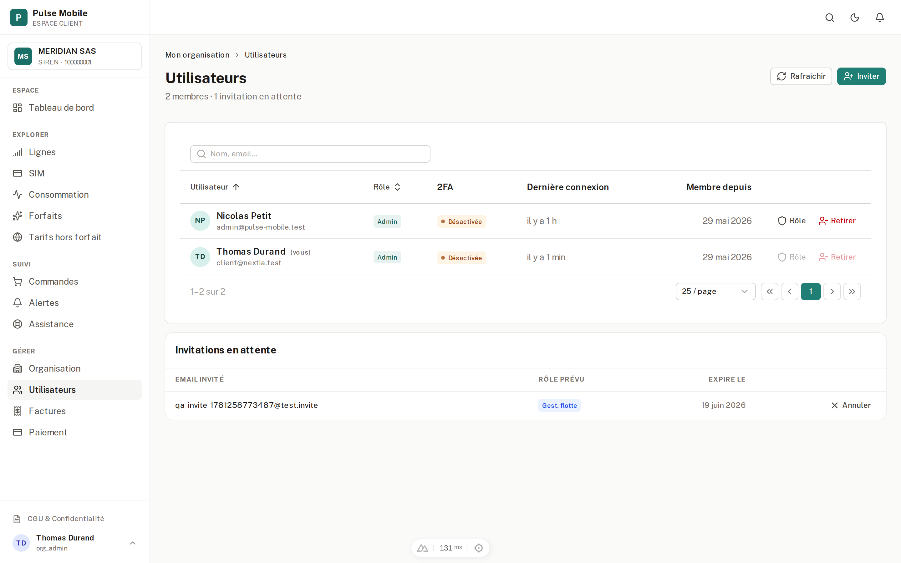 Utilisateurs — membres, rôles et invitations en attente